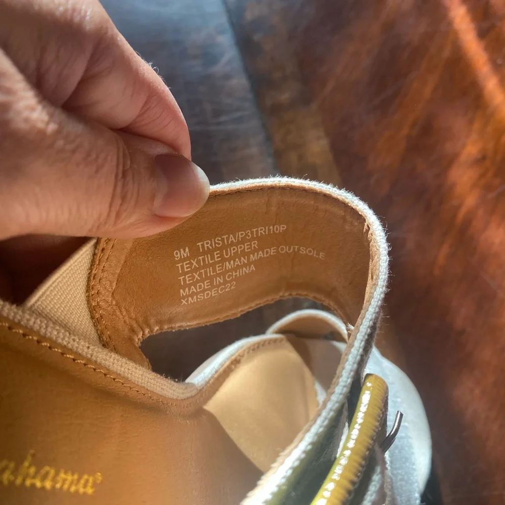 Tommy Bahama Cream Block Heel Sandals with Yellow Buckle